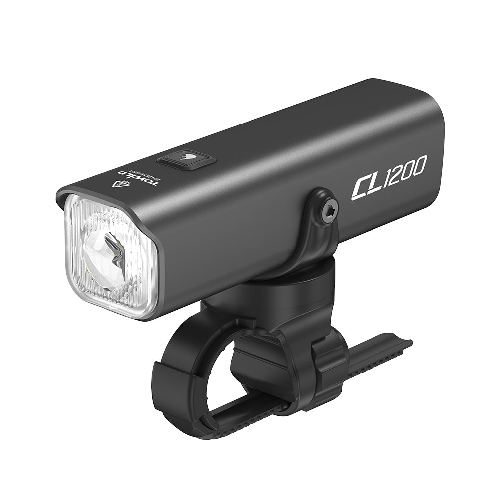 A studio shot of the black TOWILD CL1200 smart endurance bike light, showcasing its sleek aluminum body, anti-glare lens, and the included handlebar mount.